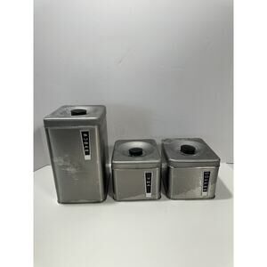 Vintage MCM Lincoln Beautyware Chrome‎ 3 Canister Box Set Tea Sugar Coffee READ